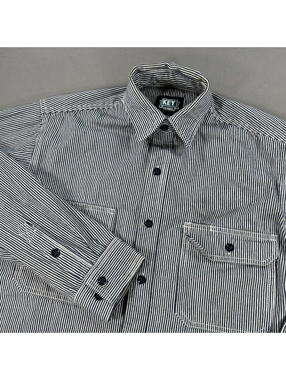 KEY Workwear Work Shirt Hickory Stripe Mens Small Button Long Sleeve Utility